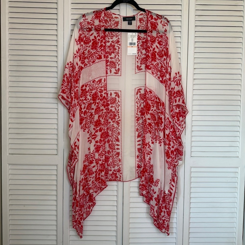 Karen Kane Red Floral Kimono Open Front  Jacket Womens 2X NWT Elegant Swim Cover